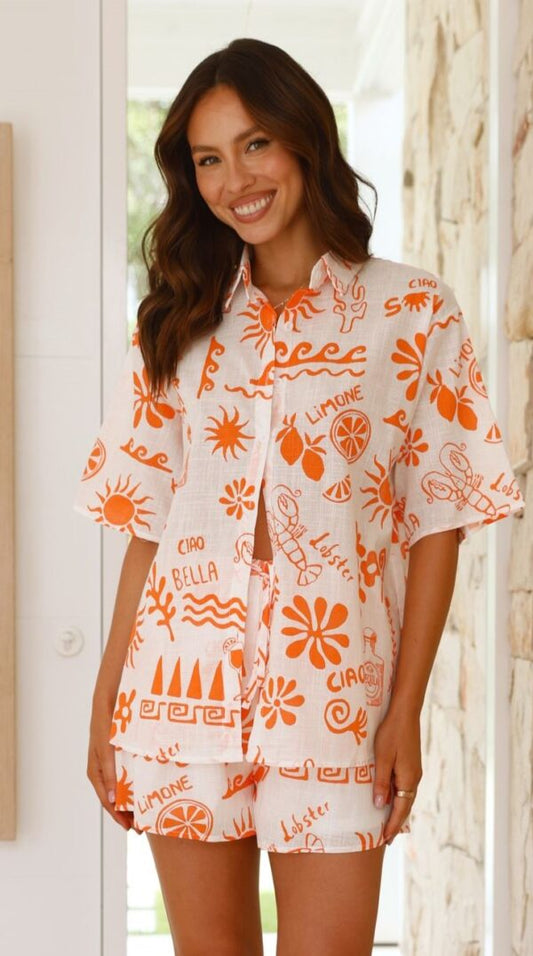 Charli Button Up Shirt and Shorts Set – White / Orange Lobster Print